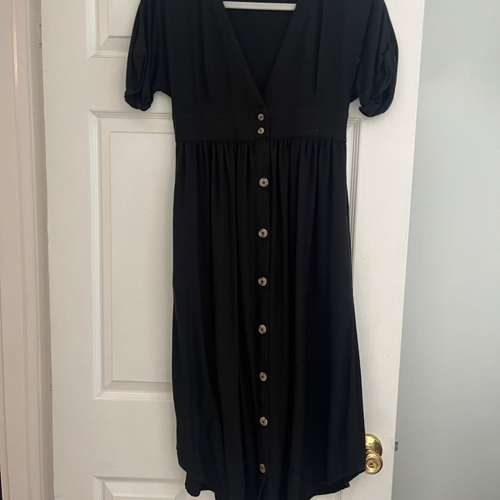 O'Neill Black Pleated Puff Sleeve Midi Dress